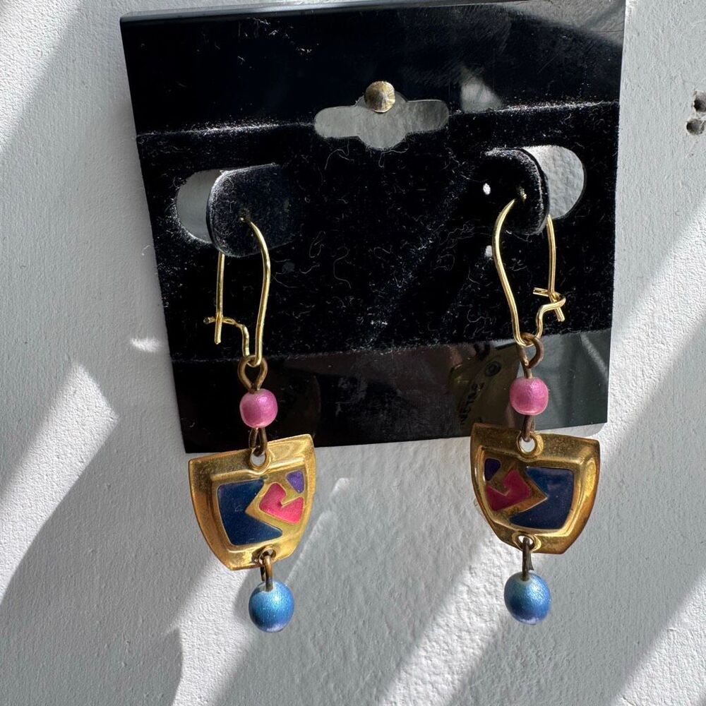 Vtg Signed Bérébi Modernist Enamel & Bead Dangle Earrings 1980s Art Deco Revival